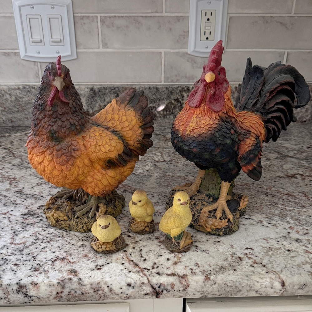 Colorful Rooster and Hen Figurines with Chicks